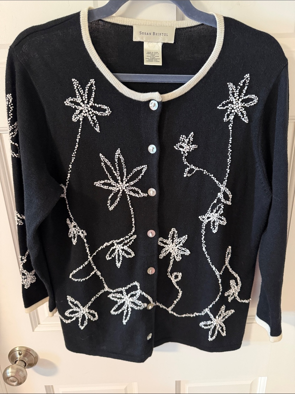 VTG Susan Bristol Hand Beaded Floral Cardigan Sweater Cottagecore Medium
